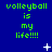 Green pixelated text "volleyball is my life!!!" repeated across a blue background with scattered white star-like shapes.