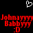 Pixelated red text on black background with white heart symbol above, displaying 'Johnayyyy Babbyyy :D' in two identical side-by-side arrangements.