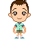 Pixel art character in light green shirt and brown shorts with multiple facial expressions and poses across three