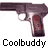 Pixelated static image of a handgun with brown grip and dark barrel, positioned horizontally against white background, with "Coolbuddy" text below in blocky black font.