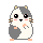 Pixel art hamster with gray and white fur, black eyes, pink cheeks, brown whiskers, and orange feet holding a small object.