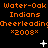 Pixelated orange text on black background reads "Water-Oak Indians Cheerleading '2008'" with white star and plus symbols scattered across the frame.