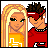 Pixel art contact sheet showing two characters and text on a yellow starry background with visible animation frame differences.