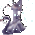 Animated sequence of a stylized purple cat-like figure in flowing dress holding a hoop, with light blue square particles scattered on gray background.