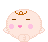 Pixelated character with closed eyes, pink cheeks, and brown crown-like mark on head; mouth alternates between small smile and open expression while pink hearts float around.