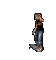 Pixelated character in black tank top and blue jeans performs multiple actions on a skateboard against gray background.