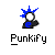 Pixelated icon of a figure with blue spiky hair, white face, black clothing featuring a blue 'E' symbol, and the text "Punkify" below.
