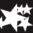 Pixelated white star-shaped icon with jagged edges on black background, featuring internal dark patches and a small central dot.