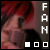 A vertical strip of pixelated text 'FAN' appears on the left side of a blurred image showing red hair and dark clothing, with three white squares below it that change position across frames.