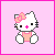 Pixel art of a white cat with pink bow and overalls on light pink background, next to 'HELLO' text in pink block letters.