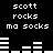 Black background with white pixelated text and bar graphs; two identical of 'scott rocks ma socks' text above and below horizontal bars