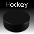 Six hockey pucks arranged in two of three, each labeled "Hockey" above with varying text and background gradients