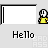Pixelated character in yellow shirt stands beside white portal frame, text "Hello" below with partial watermark.