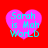 Four pink hearts on a red background display the text "Sarah is Mah World" in cyan pixelated font, with slight variations between frames.