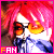 Pixelated character with pink hair, orange eyes, and blue clothing; text "FAN" in yellow on pink background.