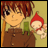 Pixelated anime-style character with brown hair and brown shirt holding a small red-hatted figure against a yellow background, next to black with white text