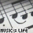 identical cartoon faces with closed eyes and smiling mouths, each accompanied by 'MUSIC=LIFE' text and a musical note symbol