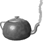 identical teapots with steam rising from spouts, arranged in three and four on a light gray background
