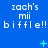 Blue background with repeated white text 'zach's mii biffle!!' in three , plus cyan plus signs and X symbols scattered across the image