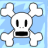 Pixelated cartoon skull icon with white bone-like limbs against a light blue background, featuring black rectangular eyes and mouth on a white face.