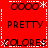 Red background with white dashed lines forming a , black text reading PRETTY and COLORES in pixelated font, four circular icons at top and bottom corners, two asterisks between each corner icon