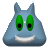 Pixelated blue creature with green oval eyes and black pupils, white curved mouth, and two pointed ears on a gray background.