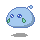 Four pixelated blue blob characters with green cheeks and white eyes, each in a different pose on a gray background with a gray shadow beneath.