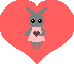 Pixel art animation of a gray rabbit character in a pink dress holding a brown heart, displayed across five frames within red heart-shaped backgrounds on a gray backdrop.