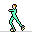 Pixelated character in green jumpsuit performing sequential motion frames against gray background.