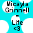 Pixelated text displays 'Micayla Grinnell' above '=' and 'Life <3', with white cloud shapes on a cyan background.