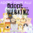 Pixelated collage of cartoon characters on purple background with text overlays changing from 'Adopt... WEBKINZ' to 'love...' to 'all...' across frames.