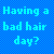 six pixelated with text and images: a blue reading "Having a bad hair day?", a fluffy white animal, a blue saying "USE!!", a jar labeled "Bed head", an animal with a red heart, and a large red heart