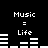 Black background with white pixelated text and audio equalizer bars showing "Music = Life" in four quadrants, each with distinct bar patterns.