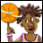 Pixelated character with brown skin and curly hair holds an orange basketball, wearing a purple-and-yellow tank top against white background.