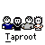 Pixelated cartoon figures in blue, black, gray, and white shirts stand in a beneath text reading 'Taproot' with a black bar obscuring part of the text