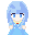 Pixel art of a character with light blue hair and blue eyes, wearing a blue dress with white accents and a yellow collar with red detail.