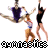 A 2x2 contact sheet of a gymnastics-themed animated buddy icon showing three sampled frames with pixelated text and figures in various poses.