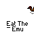 Pixel art animation of a brown emu walking left to right, with a small figure in blue clothing holding a fork appearing and interacting with the emu.