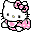 Pixelated Hello Kitty avatar with pink polka-dot dress and bow, yellow eyes, black nose, white face, static pose on white background.