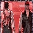 Two figures in dark clothing stand side-by-side against a red background with visible pixelation and color bleeding.