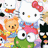 A static collage of Hello Kitty and other Sanrio characters with red bows, green frogs, and teddy bears in a pixelated style.