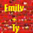 Yellow text 'Emily' above a plus sign and partial 'Ty' on red pixelated background.