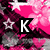 Pixelated pink and black background with white stars, hearts, and a bow; large bold letters spell out KAYLI across three