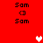 Red background with repeated "Sam" text and heart symbols in white and pink pixel art style.