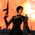 Silhouetted figure in dark clothing holds a long object aloft against an orange-yellow gradient sky with a bright light source.