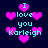 Pixelated cyan text reads "I love you Karleigh" surrounded by pink hearts on a dark blue background.