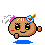 Pixel art character with brown skin, yellow eyes, and pink cheeks in four poses: two with closed eyes, two with open eyes, each with white wings, pink hair ties, and blue guitar-shaped head accessory.