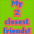Green background with blue text reading "My 2 closest friends! I love them!" and "Adam and Angela LOL!" alongside a photo of two people and a dog with "smile" text.