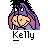 Pixelated character with purple and pink hair, black topknot, beige face, and blue clothing; text 'Kelly' below left, 'Instant Icons .com' right.