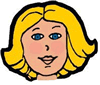 Cartoon-style female head with blonde hair, blue eyes, and peach cheeks; mouth changes from closed to open between frames.